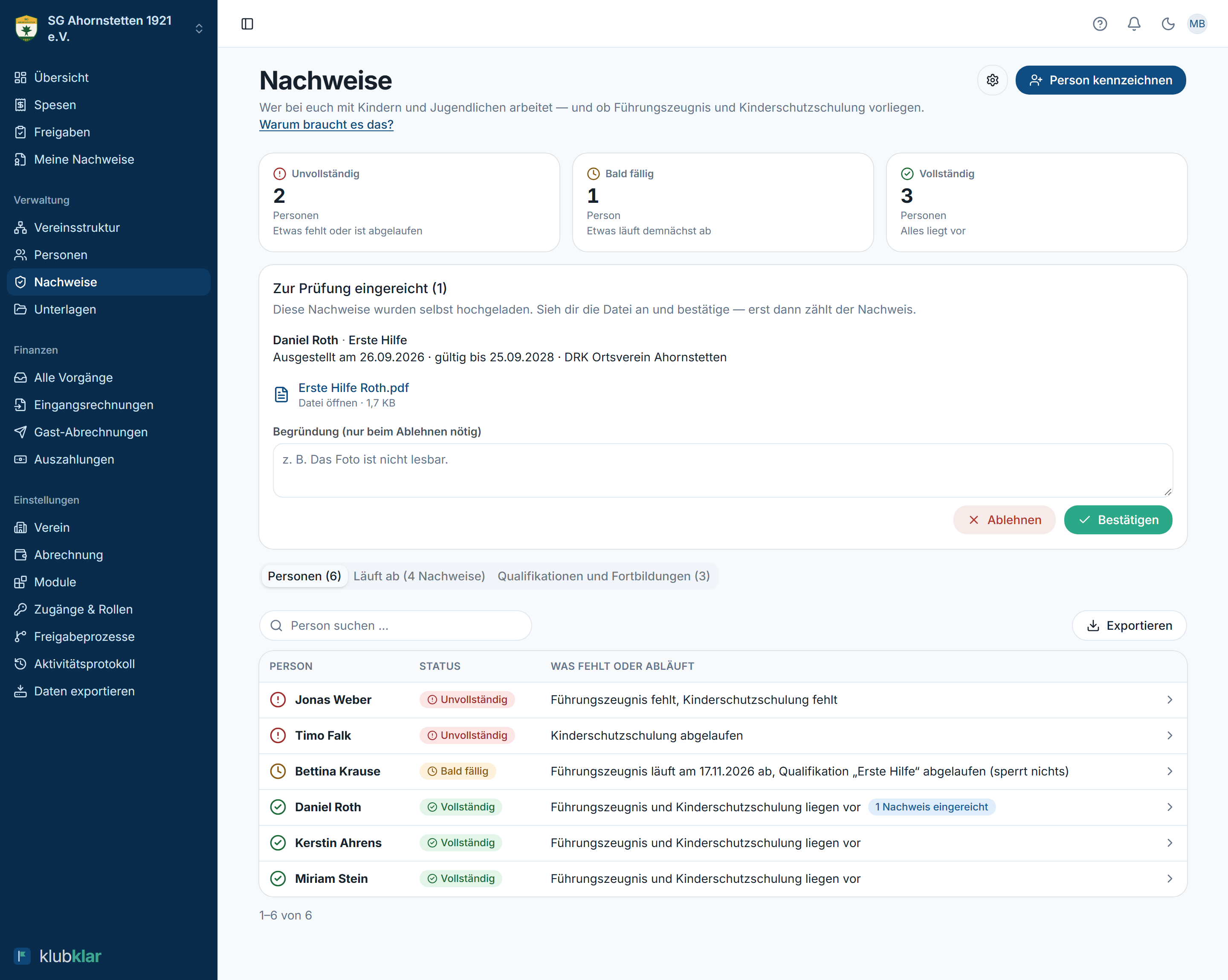 Nachweise: Ampel je Person, eingereichte Nachweise zur Prüfung und die Liste, was fehlt oder abläuft