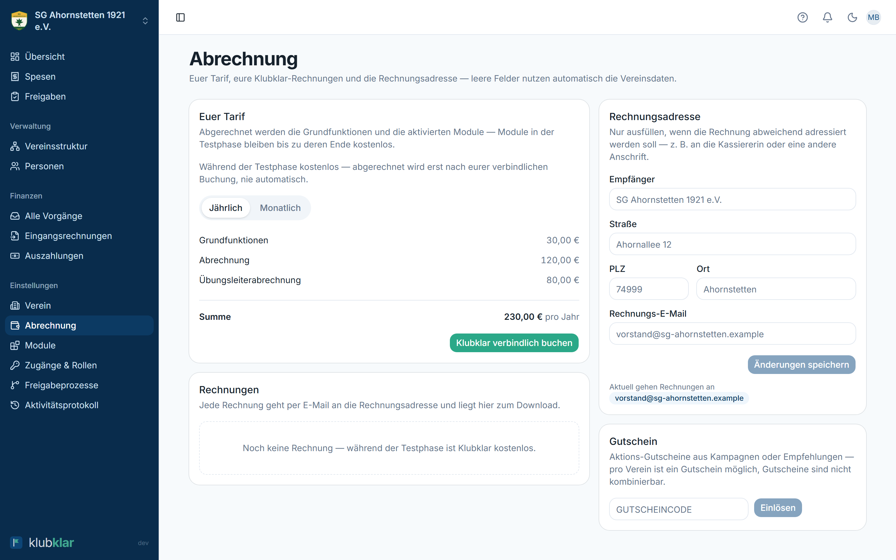 Abrechnungsseite mit Tarif-Karte, Rechnungen und Rechnungsadresse