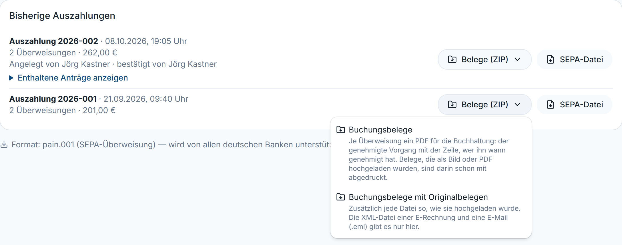 Karte „Bisherige Auszahlungen“ mit dem geöffneten Menü „Belege (ZIP)“ und seinen zwei Einträgen