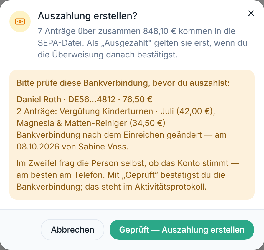 Dialog „Auszahlung erstellen?“ mit einer geänderten Bankverbindung und dem Knopf „Geprüft — Auszahlung erstellen“