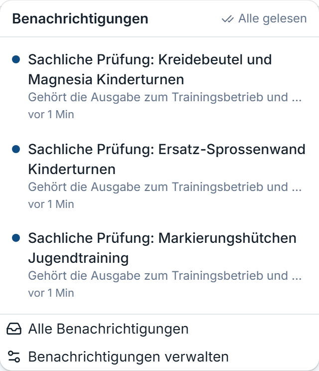 Aufgeklapptes Glocken-Menü mit zwei ungelesenen Freigabe-Anfragen