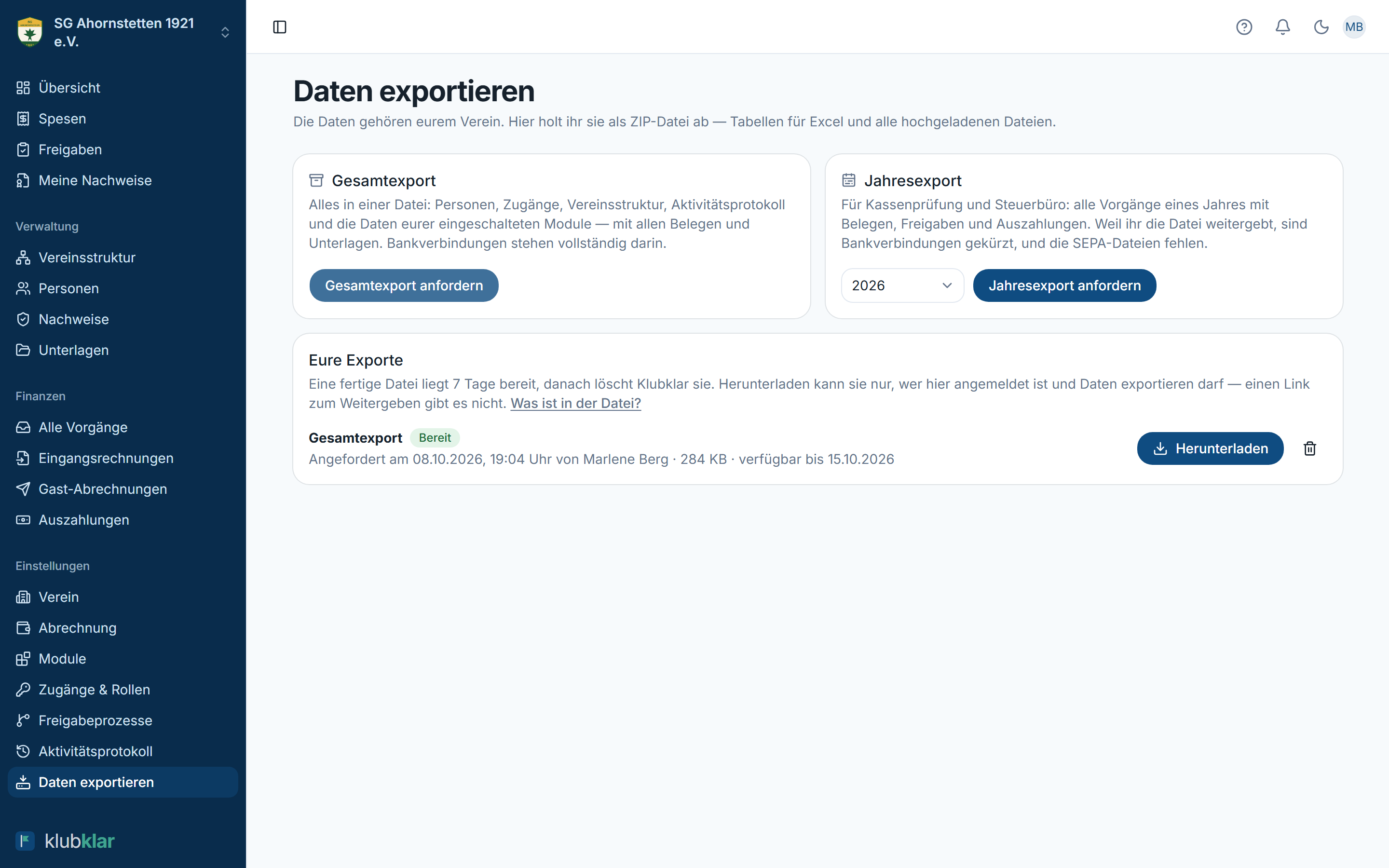 Seite „Daten exportieren“ mit den Karten Gesamtexport und Jahresexport und einem fertigen Gesamtexport zum Herunterladen