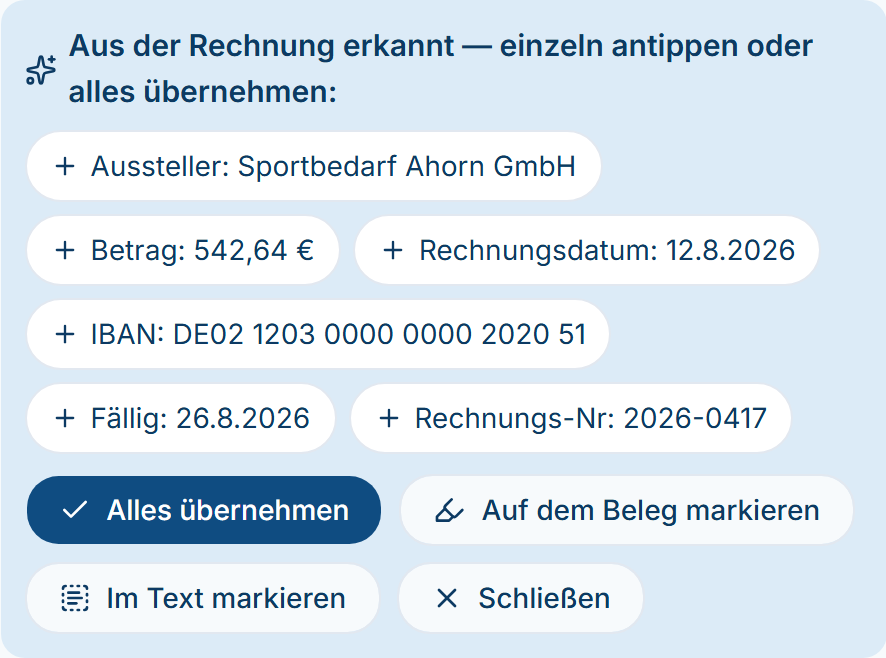 Vorschläge „Aus der Rechnung erkannt” mit Aussteller, Betrag, IBAN und Fälligkeit