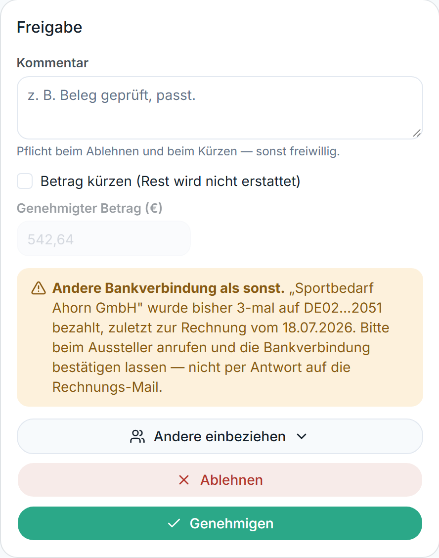 Die Freigabe-Karte mit der Warnung „Andere Bankverbindung als sonst“