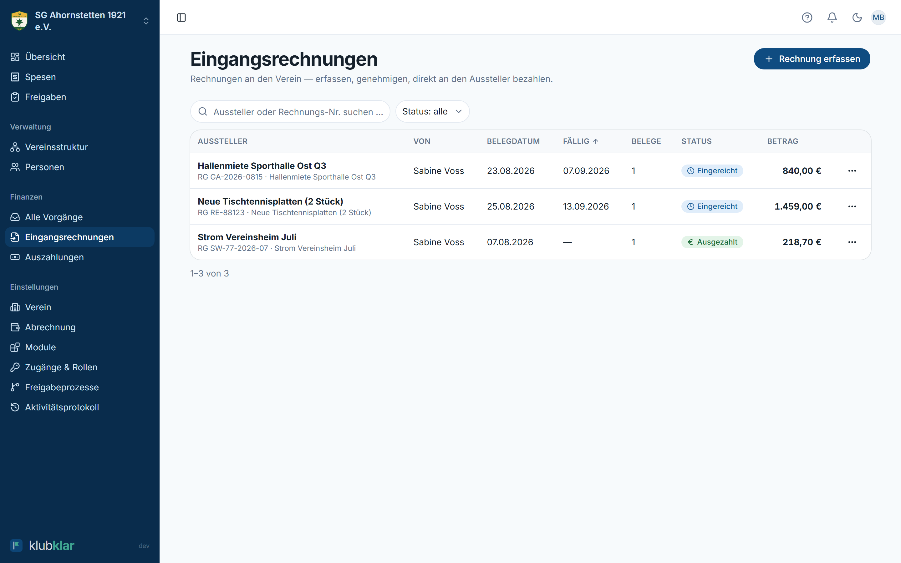 Eingangsrechnungen mit Status und Beträgen