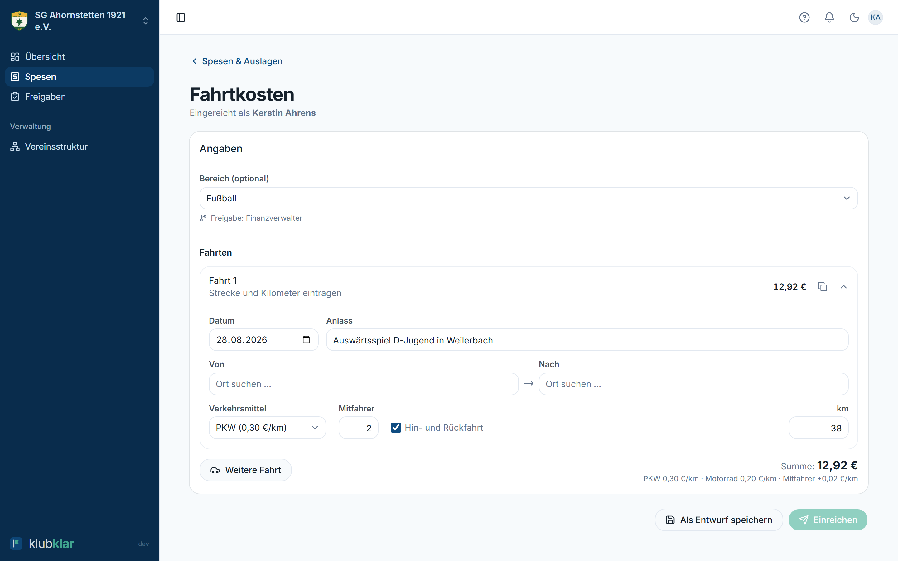 Fahrtkosten erfassen mit Anlass, Kilometern und Mitfahrern