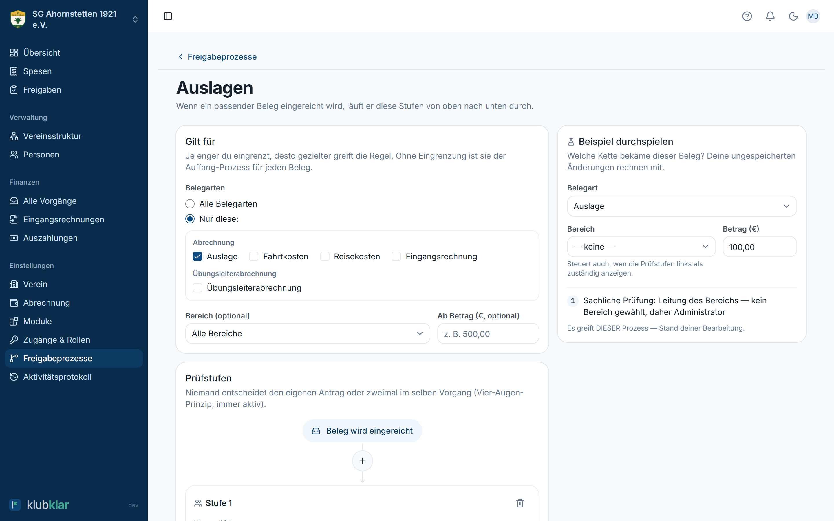 Editor eines Freigabeprozesses mit „Gilt für”, Prüfstufen und Beispiel