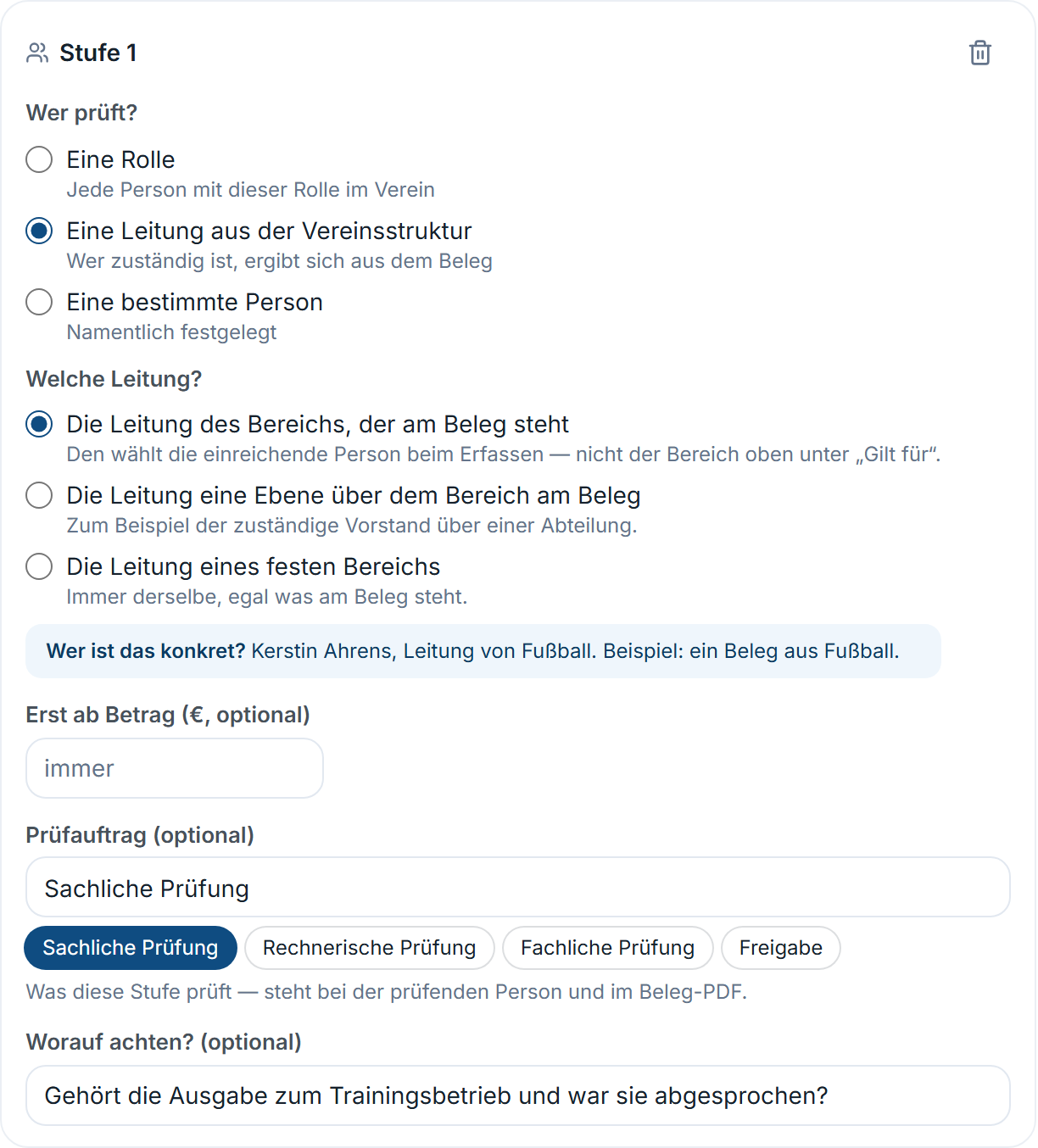 Prüfstufe mit „Eine Leitung aus der Vereinsstruktur” und Antwort „Wer ist das konkret?“
