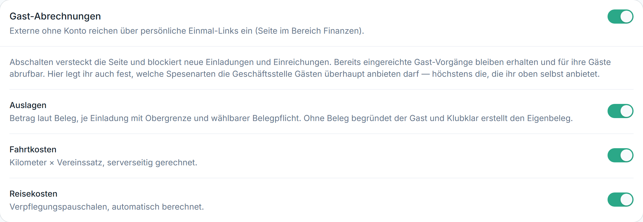 Die Einstellungskarte Gast-Abrechnungen mit Spesenarten-Schaltern
