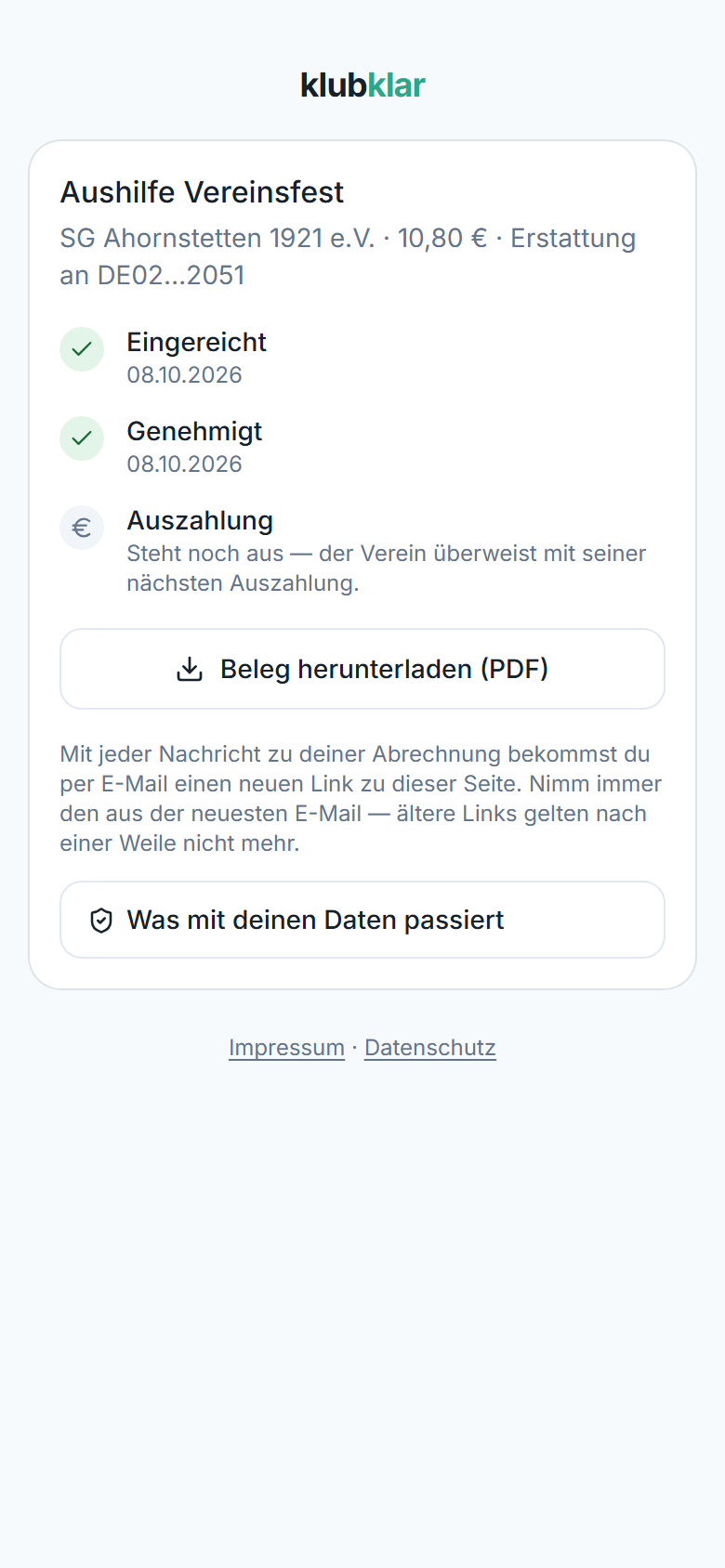 Die Statusseite mit „Genehmigt“ und PDF-Download