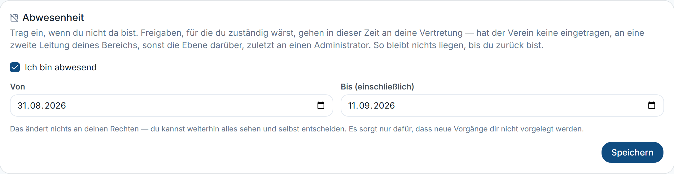 Karte „Abwesenheit” mit angehaktem „Ich bin abwesend” und Zeitraum