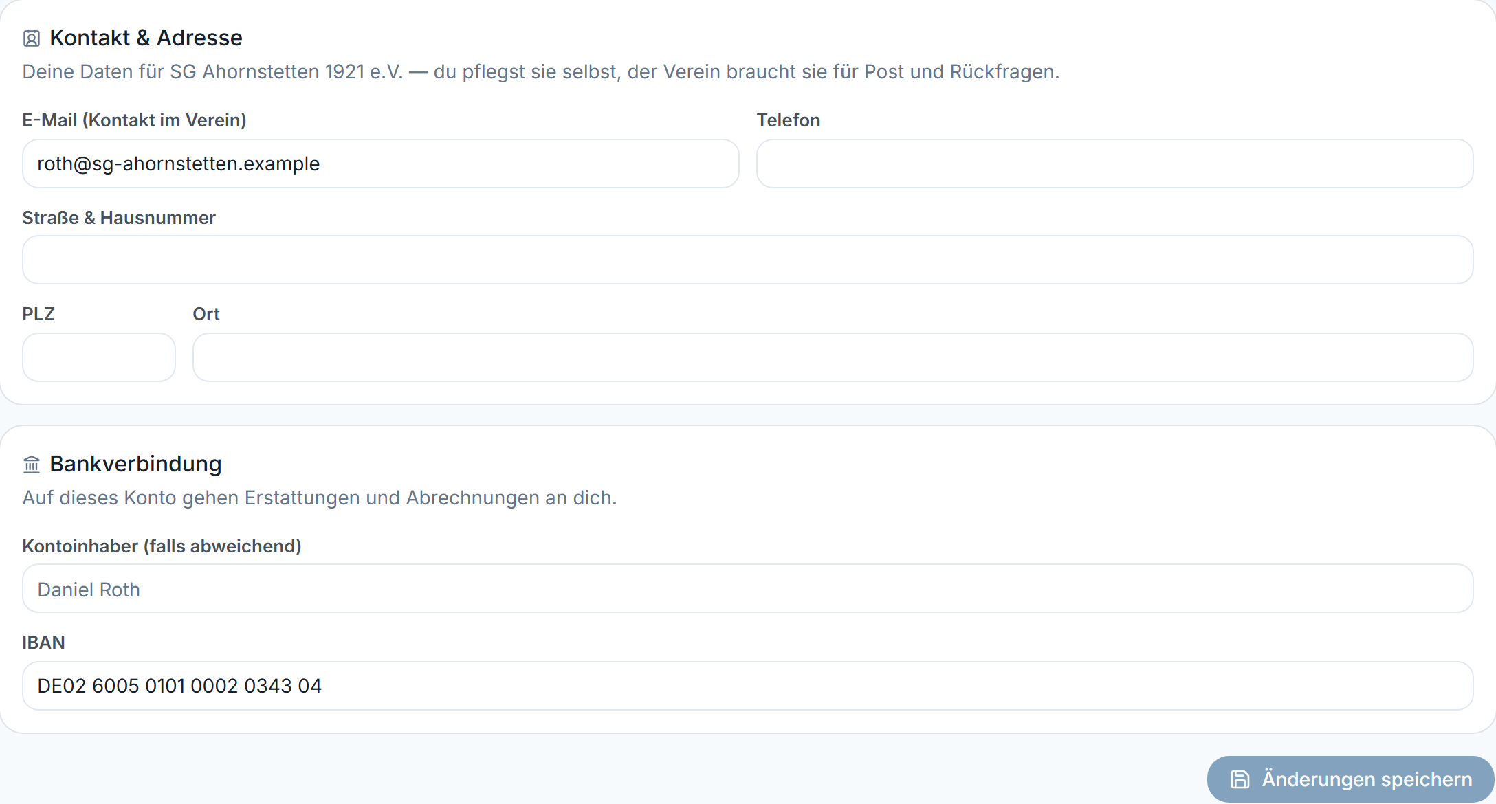 Mein Konto mit den Karten „Kontakt & Adresse” und „Bankverbindung”