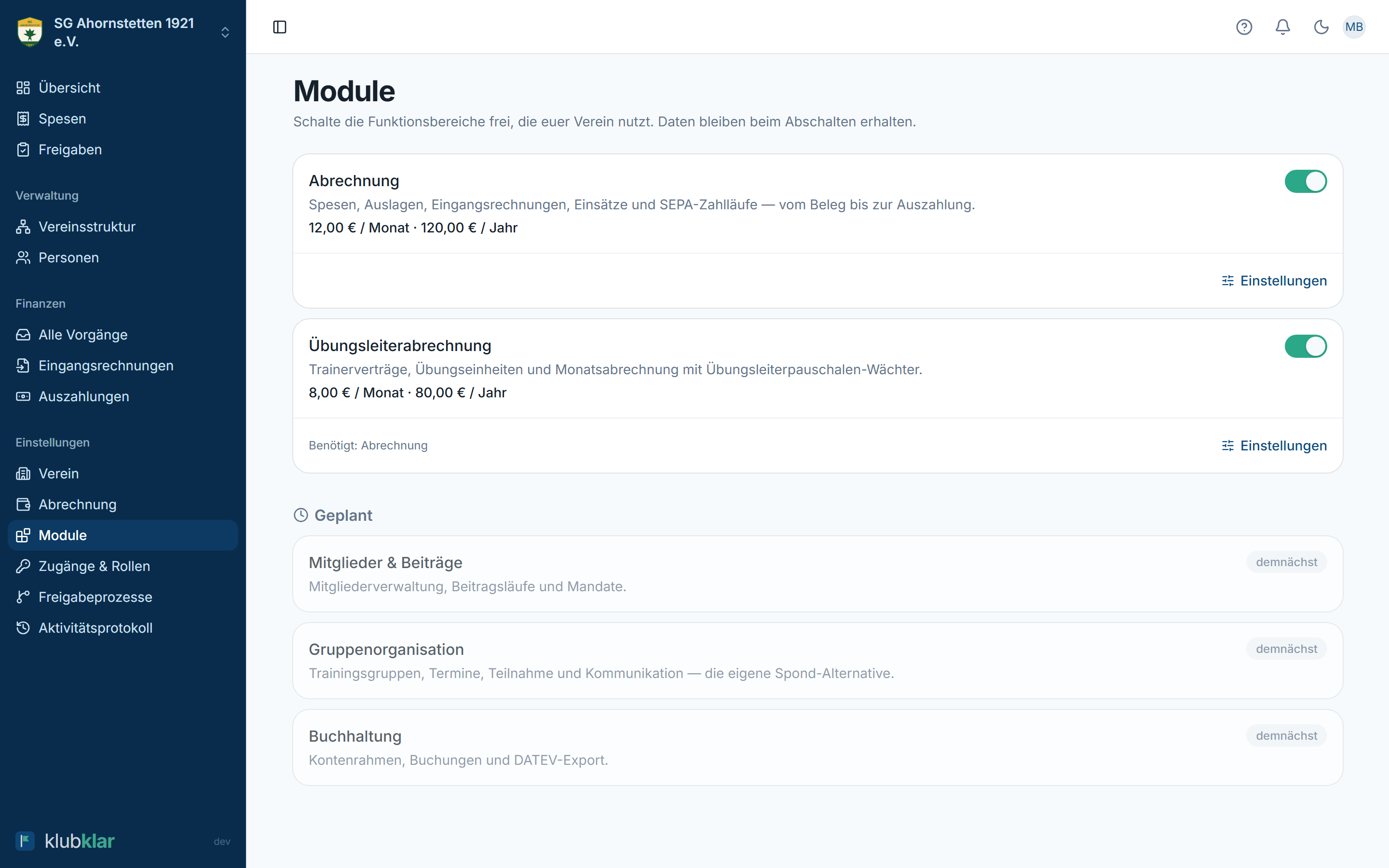 Module mit Preisen, Testphase und Buchung