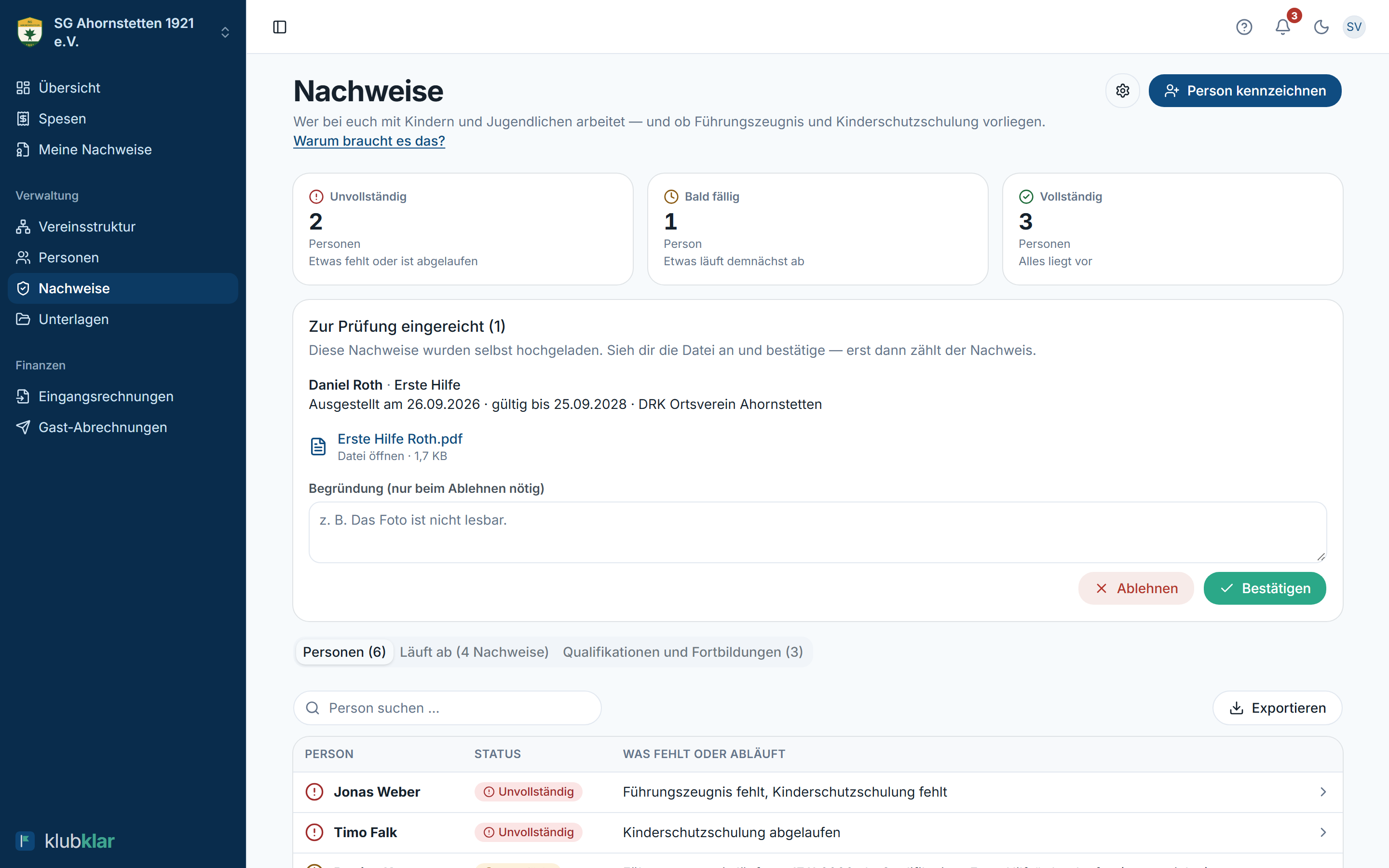 Seite „Nachweise“ mit drei Kacheln und der Liste der Personen mit Ampel