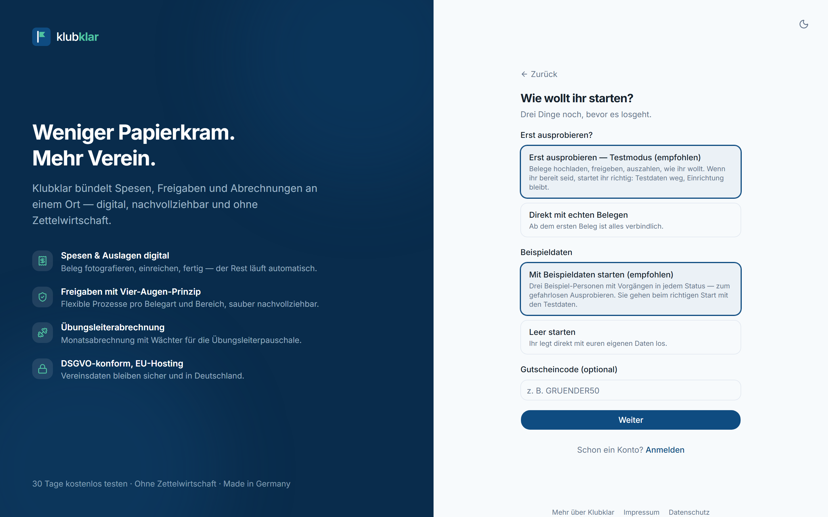 Registrierung: Testmodus, Beispieldaten und Gutschein wählen
