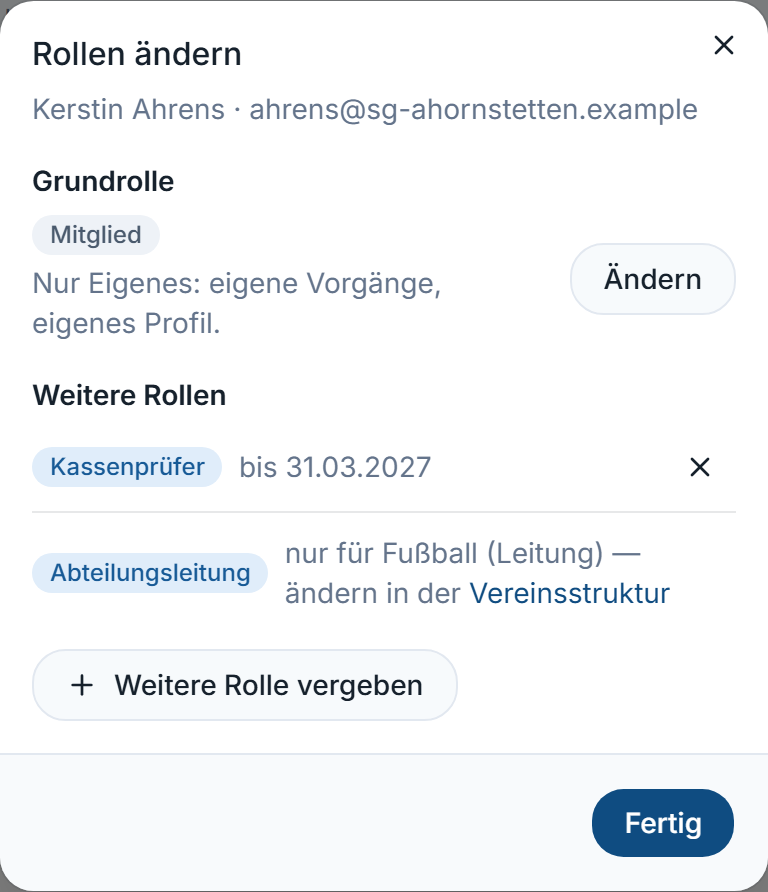 Fenster „Rollen ändern“ mit Grundrolle, einer befristeten weiteren Rolle und einer Rolle über die Vereinsstruktur