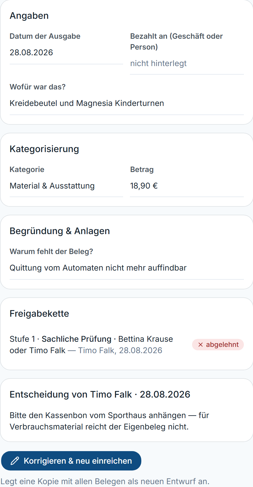 Abgelehnter Vorgang mit Begründung und „Korrigieren & neu einreichen”