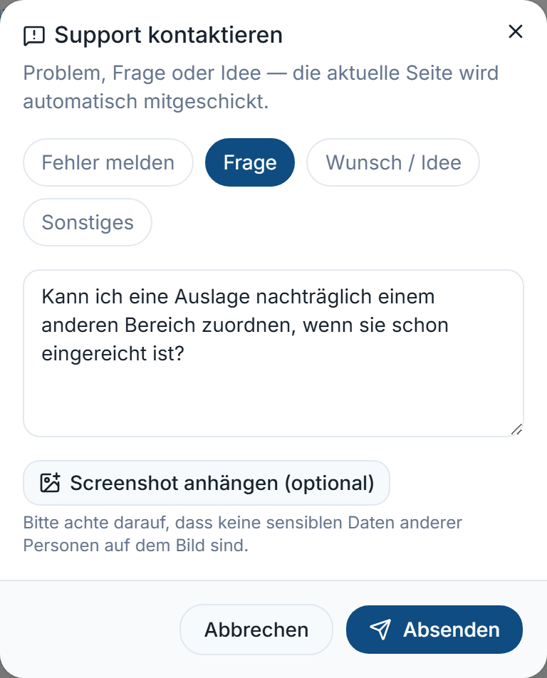 Dialog „Support kontaktieren” mit Kategorie, Text und Screenshot-Upload