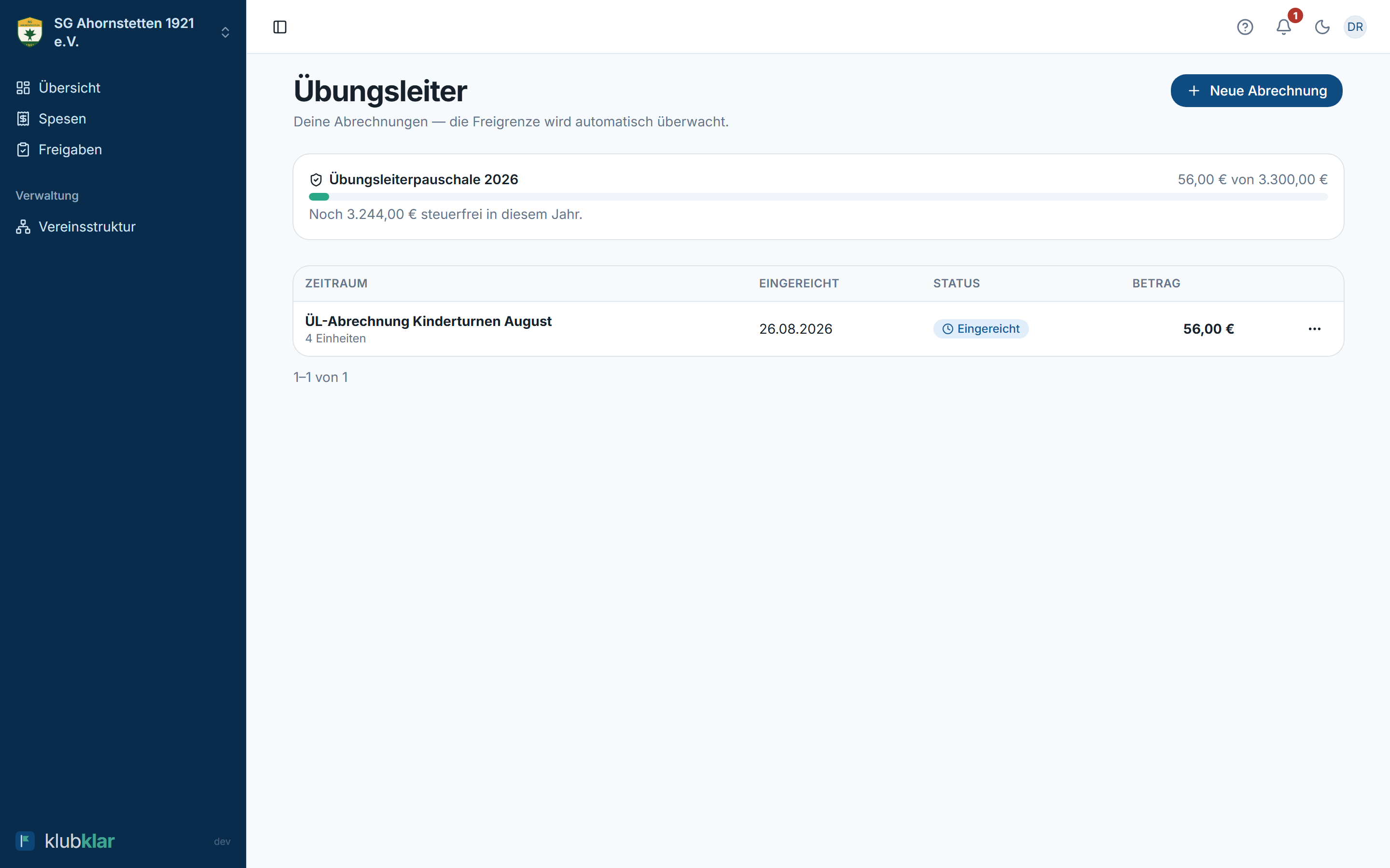 Übungsleiterabrechnung mit Stunden und Pauschalen-Stand