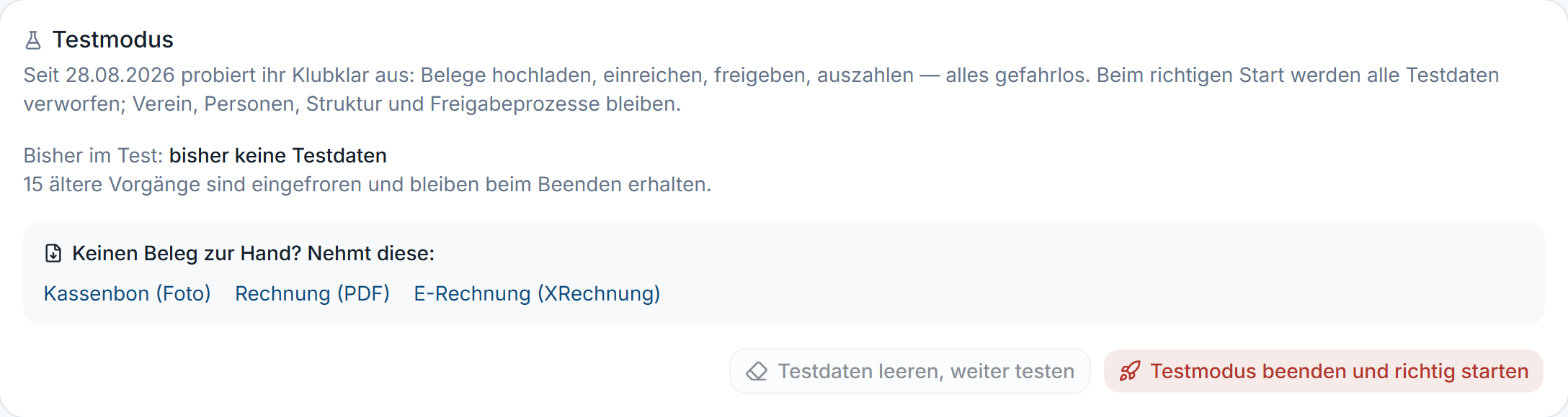Karte „Testmodus” im laufenden Testmodus mit „Testdaten leeren” und „Testmodus beenden und richtig starten”