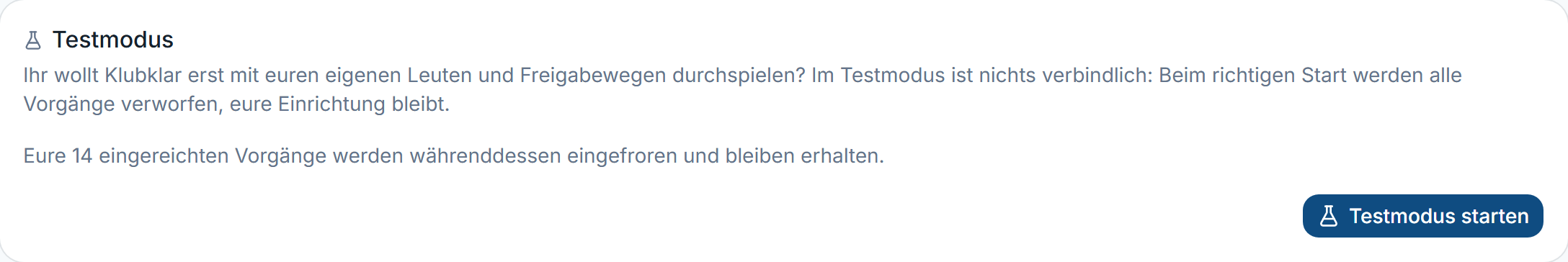 Karte „Testmodus” unter Einstellungen → Verein mit „Testmodus starten” und den Beispiel-Belegen