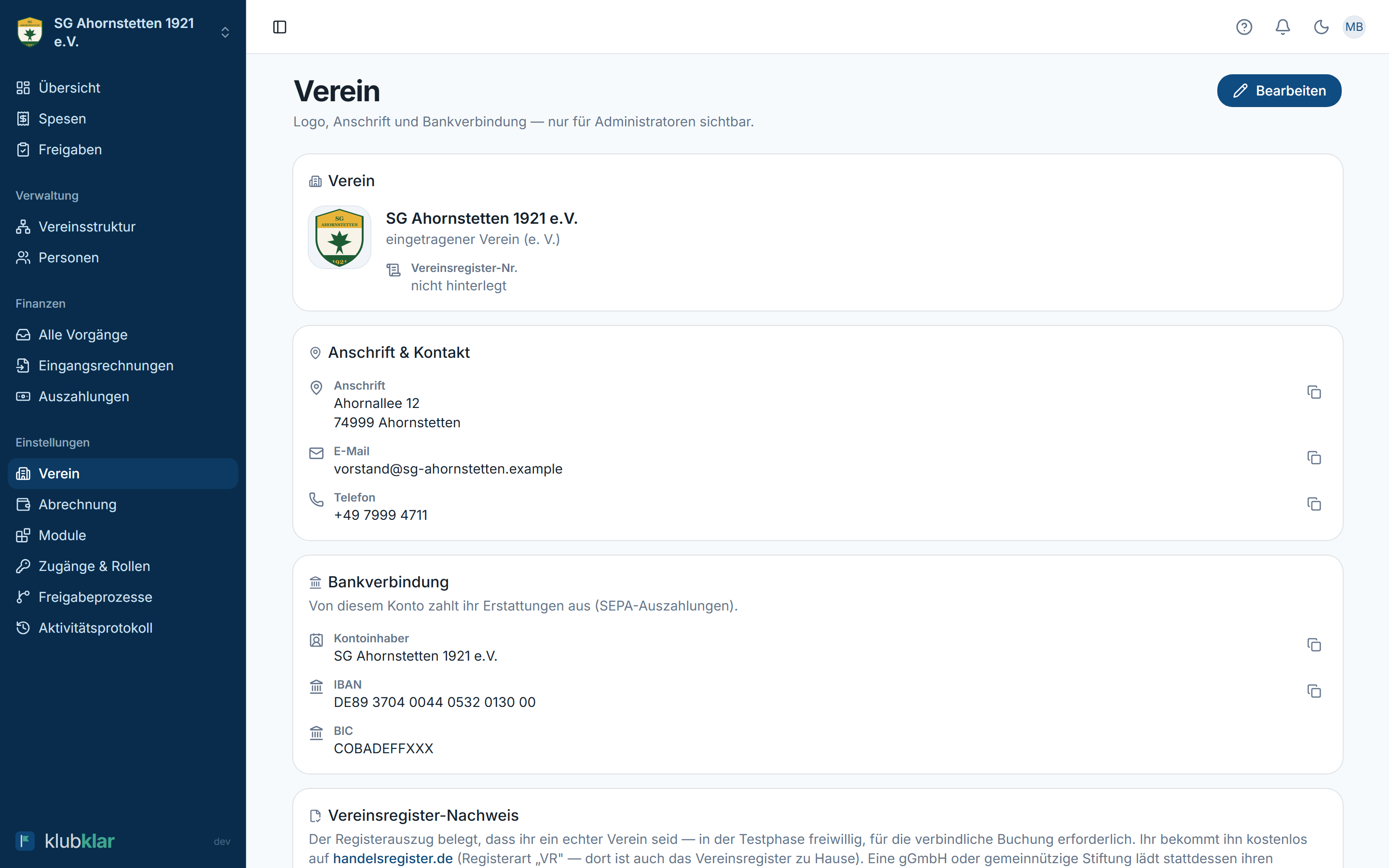 Verein-Seite mit Vereinsregister-Nachweis