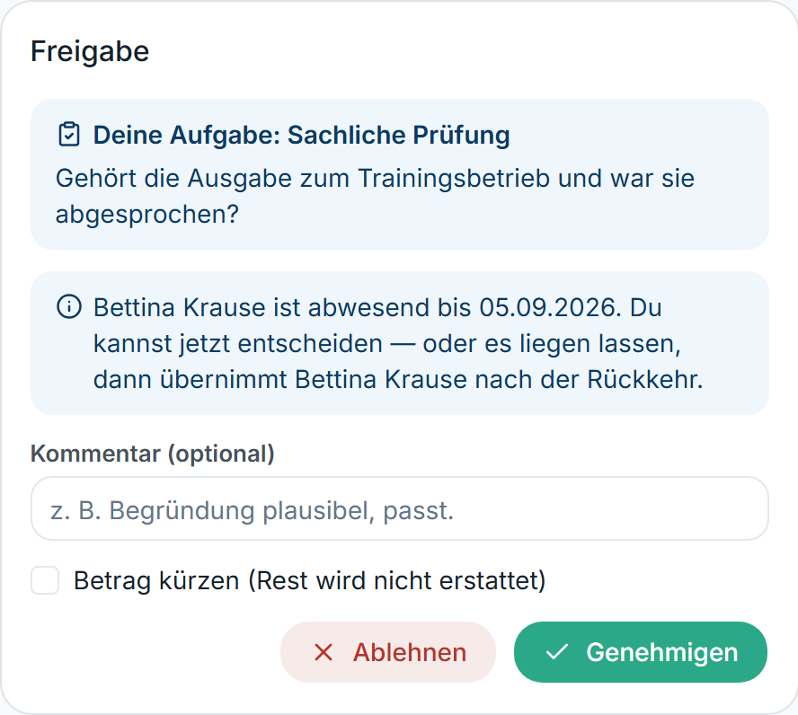 Freigabe-Karte mit Hinweis „Bettina Krause ist abwesend bis …“