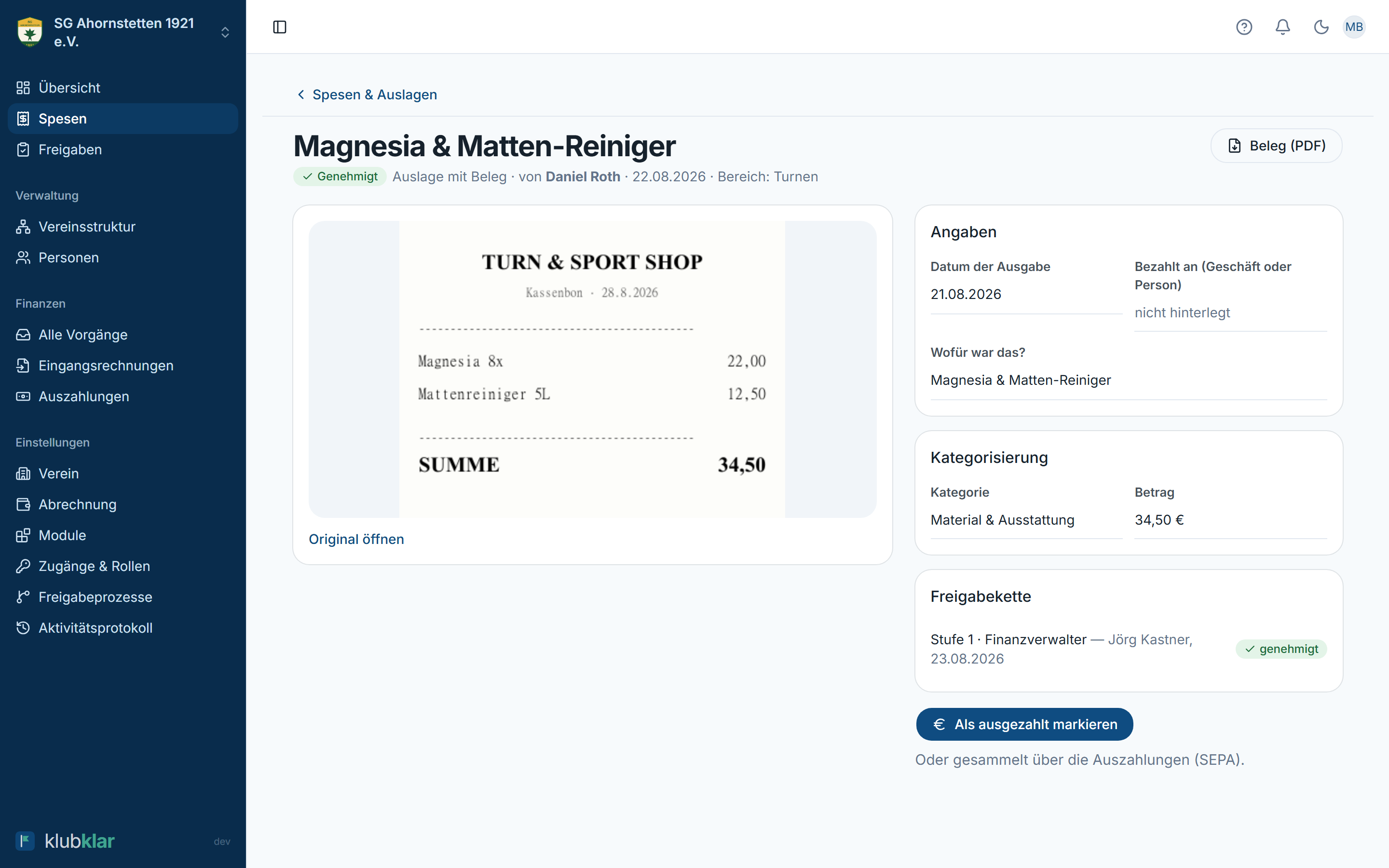 Vorgang mit Beleg und vollständiger Freigabekette