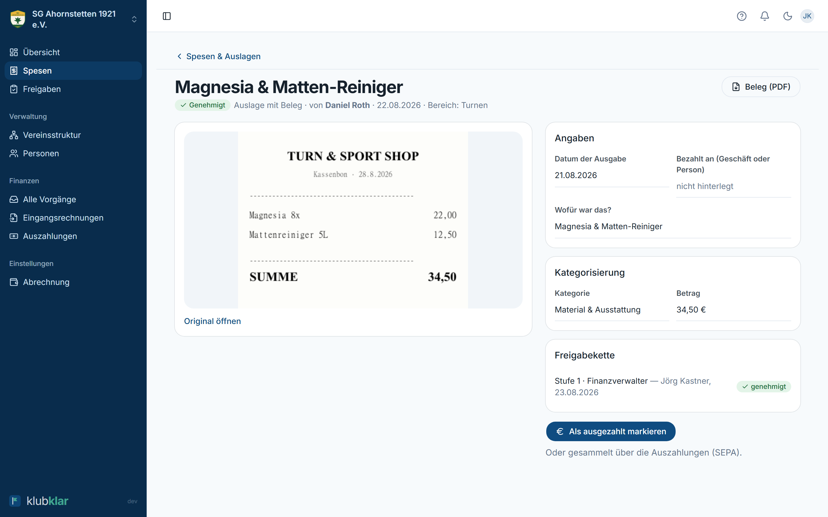 Genehmigter Vorgang mit „Beleg (PDF)” im Seitenkopf