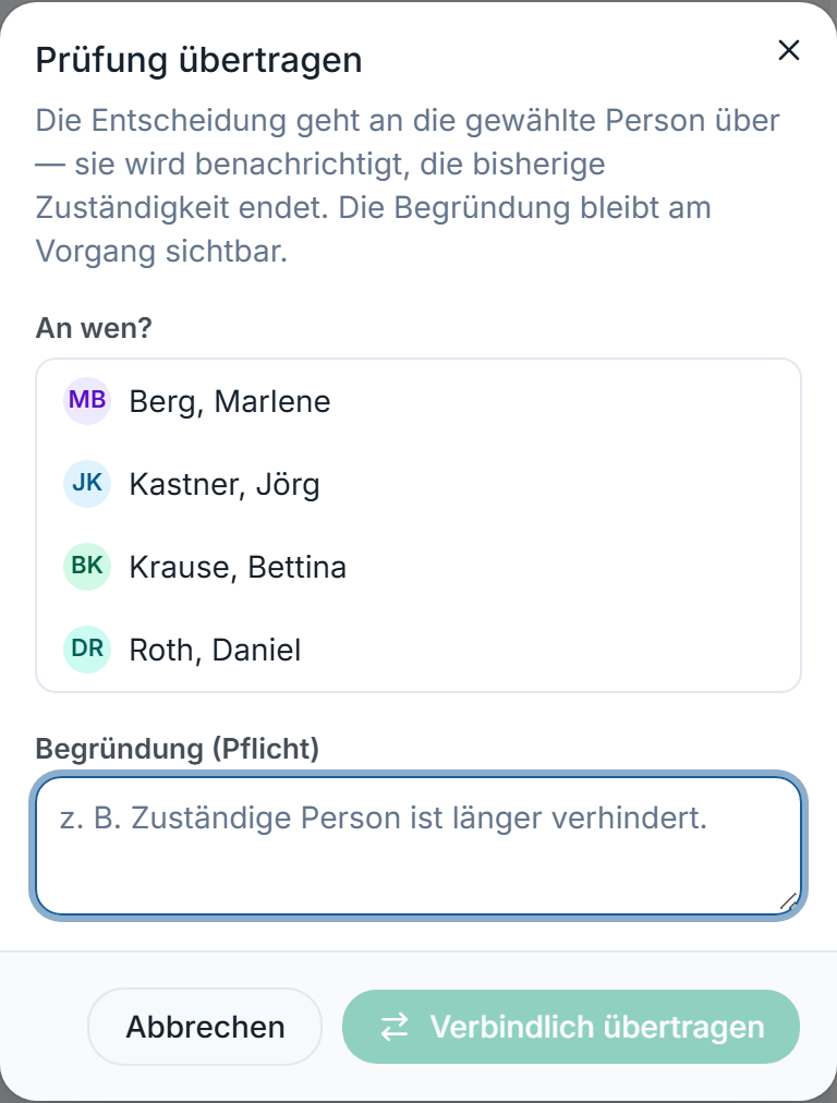 Freigabe-Karte mit geöffnetem Formular „Prüfung übertragen“
