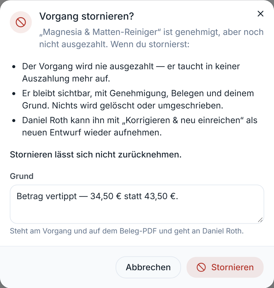Fenster „Vorgang stornieren?“ mit den Folgen und dem Pflichtfeld „Grund“