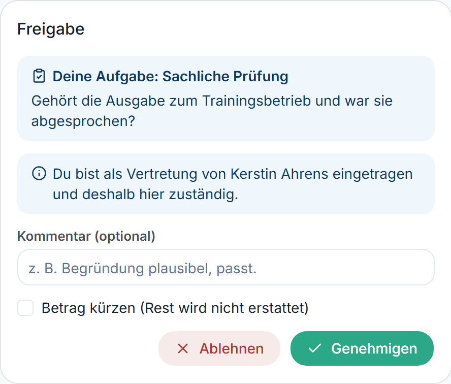 Freigabe-Karte mit Hinweis „Du bist als Vertretung von Kerstin Ahrens eingetragen”
